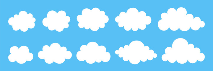 Set of cartoon clouds on blue sky background. Cute and simple white puffy cloud. Vector illustration in flat style.