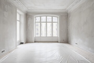 Modern empty room with freshly painted white walls and natural light Generative AI