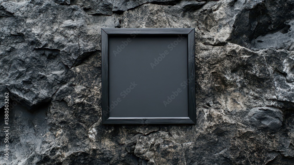 Poster a black frame is mounted against a textured stone wall, creating a striking contrast. the empty fram