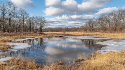 Obraz premium A serene wetland landscape featuring open water and reflective clouds