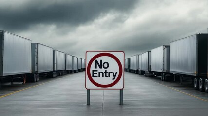 No Entry sign stands prominently on wet road flanked by rows of parked trailers under cloudy sky, creating sense of restriction and solitude, highlighting solitude and restriction of area.
