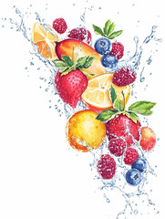 Various fruits fall into the water and splash