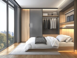 A modern and minimalist bedroom with natural light and wood accents