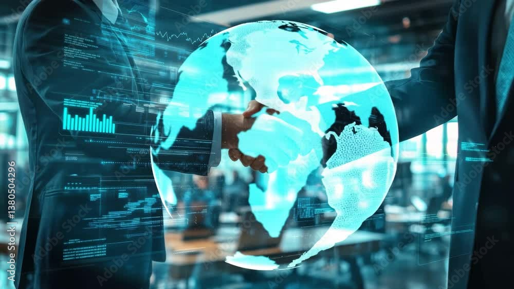 Poster digital globe overlaying handshake between business professionals symbolizes global business connect