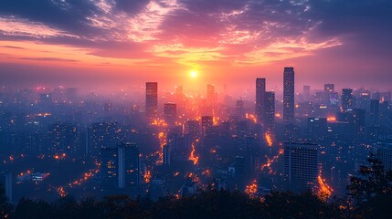 Vibrant sunrise over a hazy cityscape, illuminating skyscrapers and buildings.