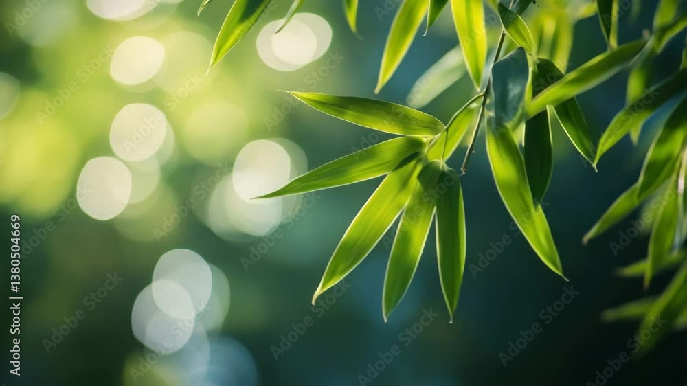 Poster serene and tranquil green bamboo leaves swaying in sunlight with bokeh background vibrant natures te