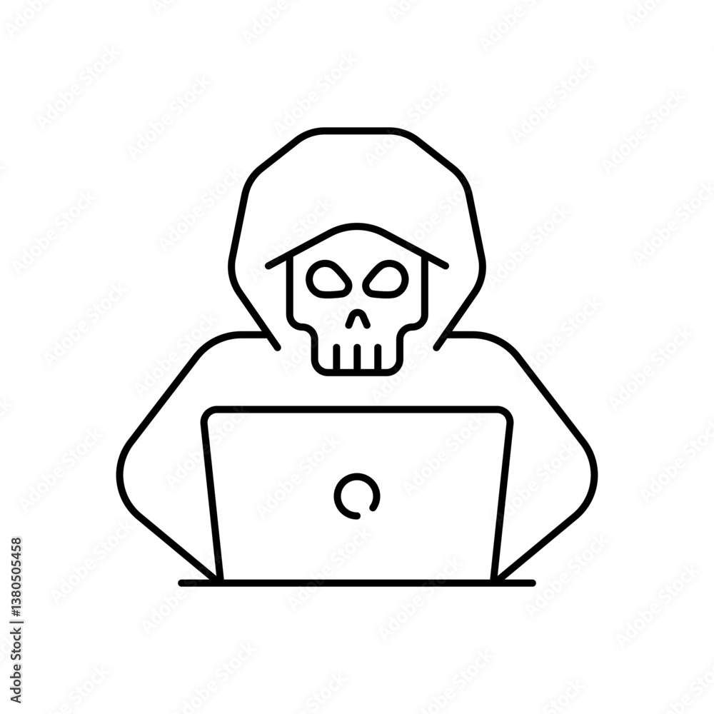 Poster hacker outline icon. hacker with hoodie and a laptop. cyber, computer crime and virus vector icon.