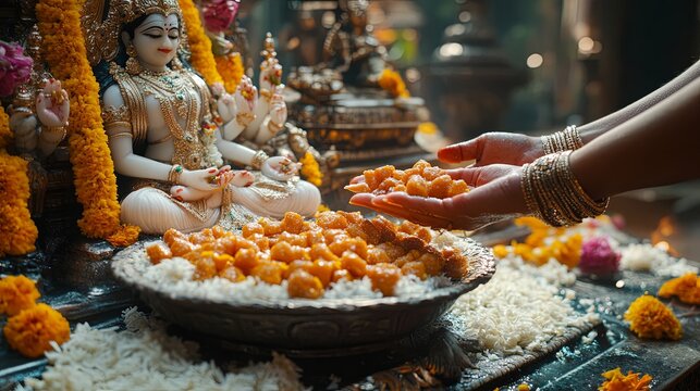 Hand offering sweets to Durga murti during Navratri celebrations in a vibrant temple setting filled with flowers and devotion