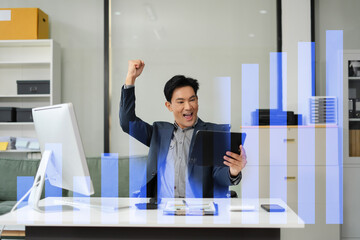 Excited man work distant on Tablet talk on cellphone celebrate online win. Happy young male use...
