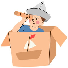 Child playing pirate in cardboard box ship. Boy wearing a paper hat and using a telescope while pretending to be a pirate in a cardboard box ship.