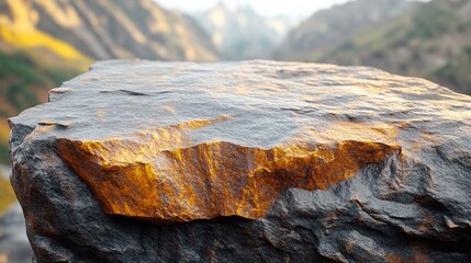 Rough rock ledge overlooks a scenic, distant mountain range in soft sunlight
