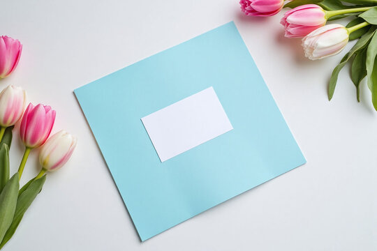 pink tulips in a blue envelope with a happy mothers day card