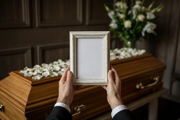 hand hold blank photo frame in front of coffin. Funeral memory grief