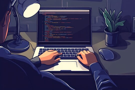 Minimalist UI illustratiof programmer writing code laptop, flat vector