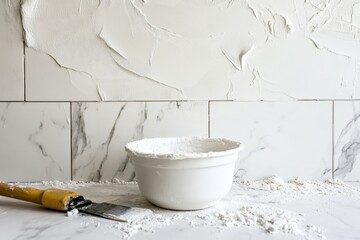 Kitchen backsplash installation process with marble tiles and tools Generative AI