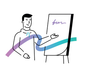 Set of illustrations people are holding a workshop. Workflow, growth, graphics. Business development, milestones, start-up. linear illustration Icons infographics. Landing page site print poster. Line