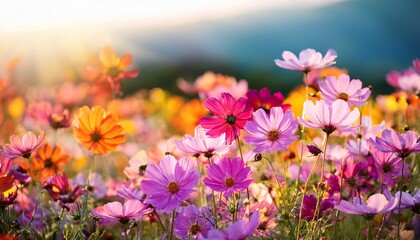 Fototapeta premium blooming cosmos bright multicolored floral background