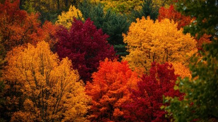 Vibrant colors of autumn transform the forest as trees display brilliant shades of red, orange, and yellow. The seasonal beauty attracts nature lovers seeking tranquility in the outdoors