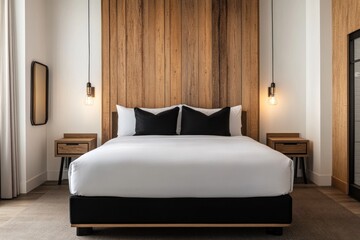 A modern bedroom with decorative wood paneling and stylish decor