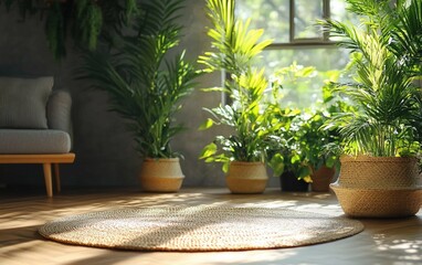 Obraz premium Sunlit Palms Woven Rug and Indoor Jungle Oasis
