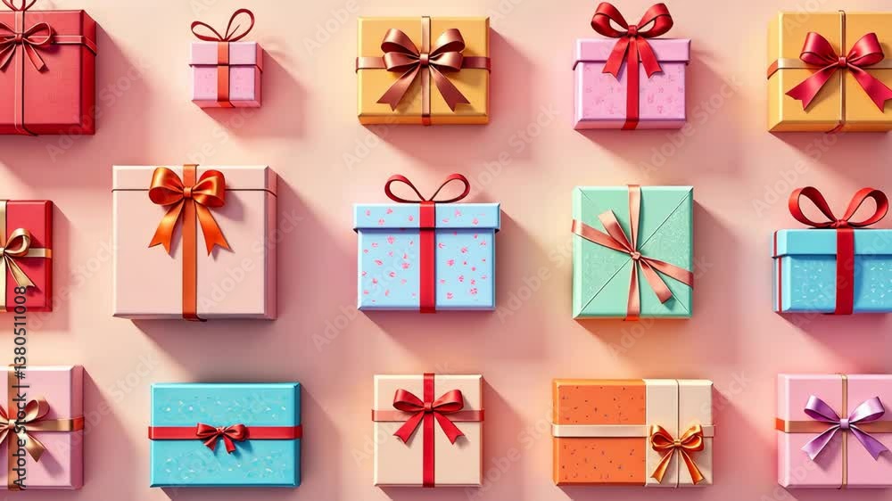 Aufkleber A stack of colorful boxes with pink bows on them. The boxes are of different sizes and colors