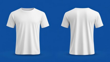 A plain white t-shirt is showcased from the front and back, presenting a clear view of its design and fit. The vibrant blue background enhances the t-shirt's clean look