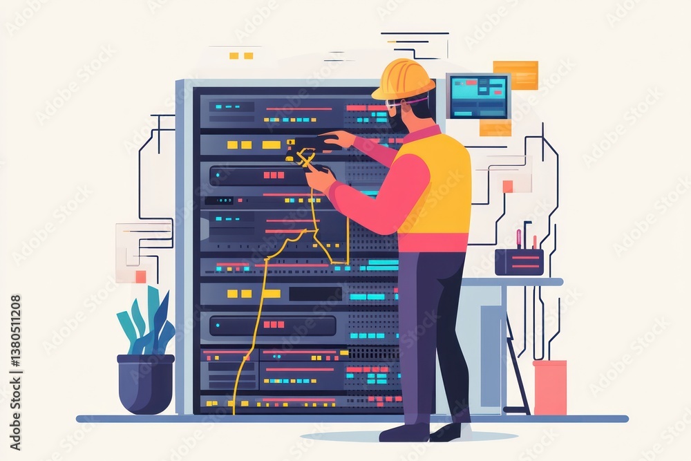 Wall mural minimalist ui illustratiof an it professional troubleshooting server issue, flat vector