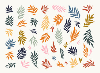 Set of Leaves Silhouettes Vector Elegant Trendy Tropical Leaf, Abstract Summer Colorful Graphic Line Drawing Different Colors for Creative Logo or Trendy Botany Posters