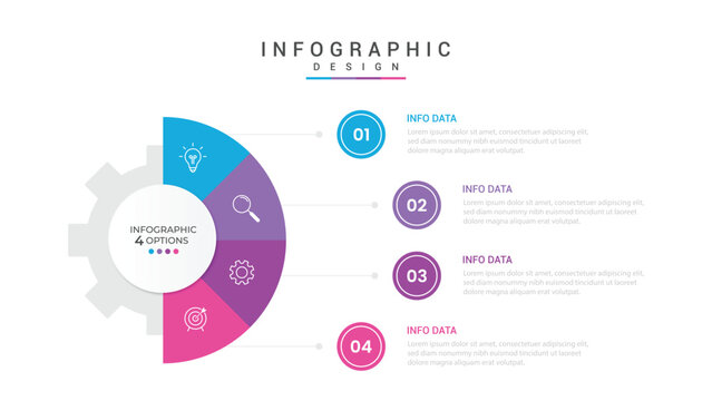 infographic 4 point stage template with gear shape on half circle vertical for slide presentation vector