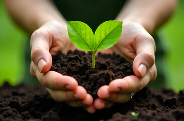 Hands holding sprout green tree, planting trees, loving the environment, protecting nature Nourishing the plants. Selective focus, blurred background.