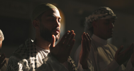 Light, dua or man in Muslim religion to worship for Palestine, gratitude or support to Allah in...