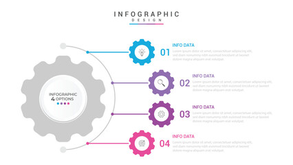 infographic 4 point stage template with gear shape on half circle direction vertical direction for slide presentation vector