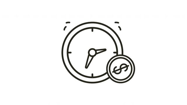 Clock with coins. Animated line art video looping Time is money concept