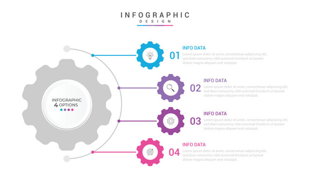 infographic 4 point stage template with gear shape on half circle direction vertical direction for slide presentation vector