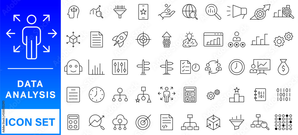 Poster data analysis line icon set. editable stroke. containing as big data, data mining, algorithm, analyt