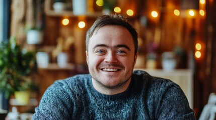 Fototapeta premium A young man beams with joy while seated comfortably in a charming cafe adorned with soft lights. The inviting atmosphere enhances the cheerful moment shared with friends