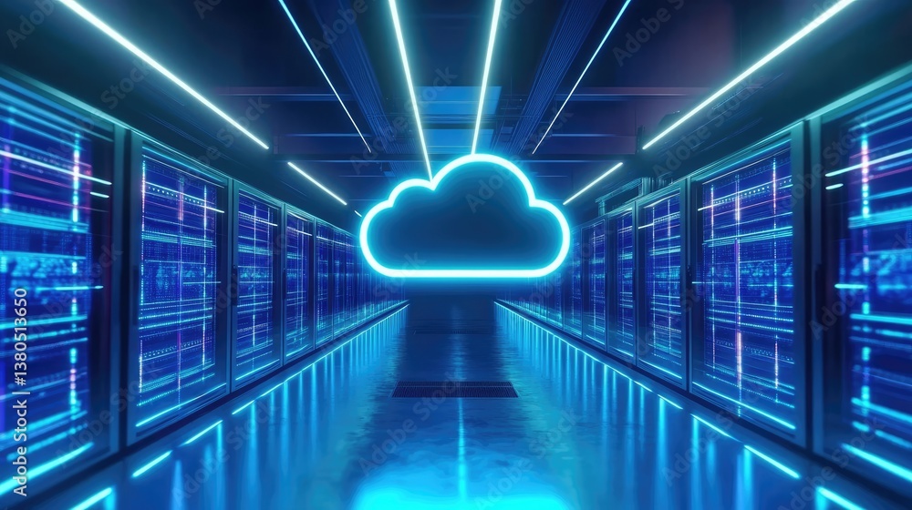 Wall mural image of a modern data center aisle, with rows of server racks on each side.