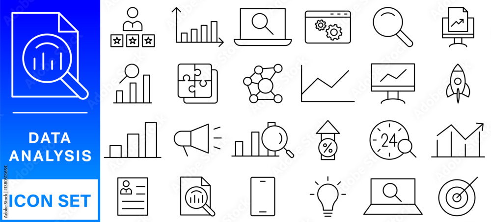 Poster data analysis line icon set. editable stroke. containing as big data, data mining, algorithm, analyt