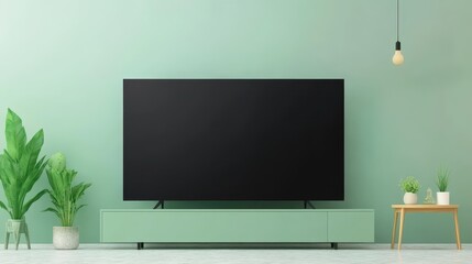 In a stylish living room, a large black television rests on a mint green console against a soft green wall. Potted plants and a pendant light complete the contemporary decor