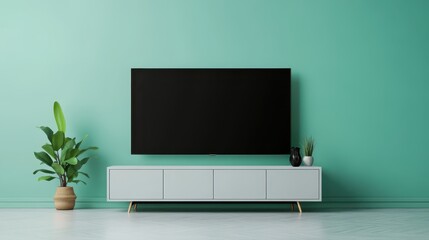 A spacious living area features a large television mounted above a sleek, minimalist cabinet. Stylish indoor plants provide a touch of nature against a fresh mint green backdrop
