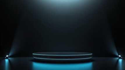 A sleek circular platform stands in a darkened space, illuminated by soft blue lights. The minimalist setting creates a dramatic atmosphere, ideal for performances or events