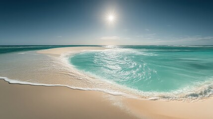 Fototapeta premium Shimmering turquoise waters meeting gently curving sandbank,untouched surface mirroringsky above, intricate wave textures adding sense of movement, overwhelming feeling of tranquility,