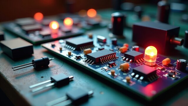 Close-up of electronic circuit board with glowing led components.