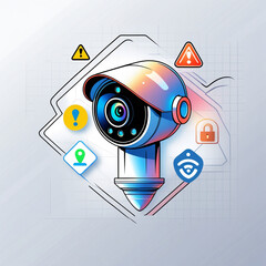 A professional security camera doodle design with warning signs, privacy symbols, and futuristic smart home surveillance icons in a modern vector look.