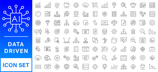 A set of line icons related to Data Analysis. Data, digital, graph, analyze, surplus, growth, research, loss, business, security, and so on. Vector editable stroke.
