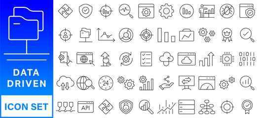 A set of line icons related to Data Analysis. Data, digital, graph, analyze, surplus, growth, research, loss, business, security, and so on. Vector editable stroke.
