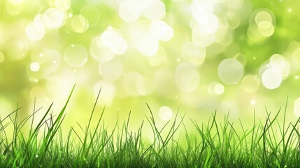 Obraz premium Vibrant green grass fills the foreground, illuminated by gentle sunlight. A dreamy bokeh effect enhances the tranquil outdoor setting, evoking a sense of calm and nature's beauty