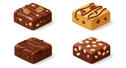 Variety of Delicious Brownies with Nuts and Chocolate Glaze Isolated