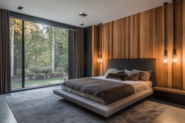 A modern bedroom with large windows and wood paneling design