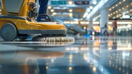 Fototapeta premium Bright shot of airport floor cleaning, emphasizing cleanliness and professionalism. Suitable for advertising cleaning services, presentations about cleanliness in public places.